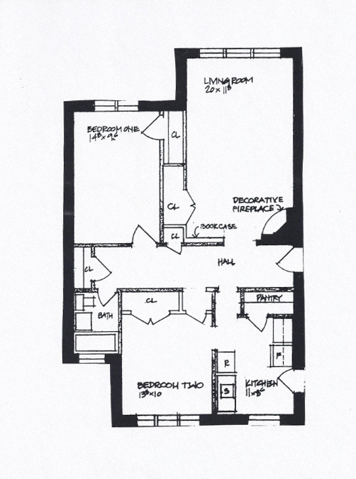Floor plan for 2 beds, 1 bath, 1062 sqft
